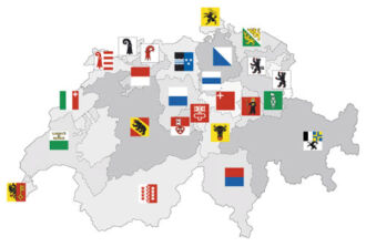Grafik der Schweiz mit den Wappen aller Kantone