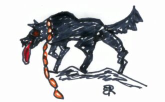Zeichnung eines schwarzen Hund mit feurigen Augen, langer roter Zunge und einer langen Eisenkette